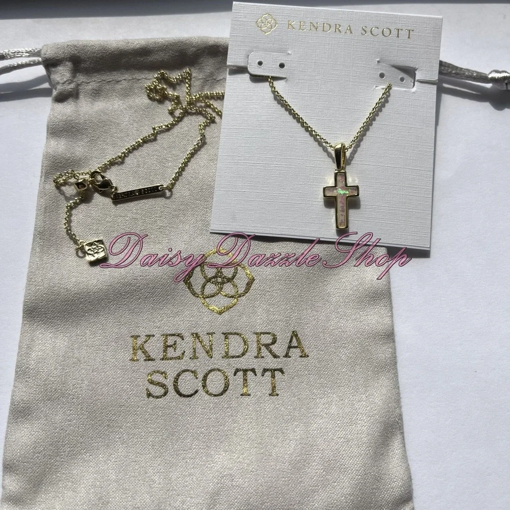 ✨Kendra Scott Cross Gold Pendant Necklace in White‎ Kyocera Opal New ✨🕊️